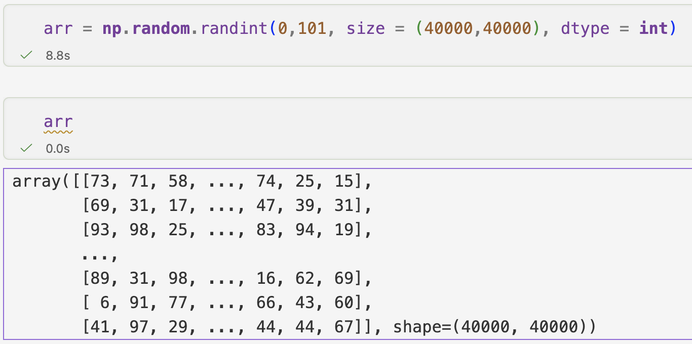 Creating a 40000 × 40000 array of random integers with np.random.randint takes 8.8 seconds